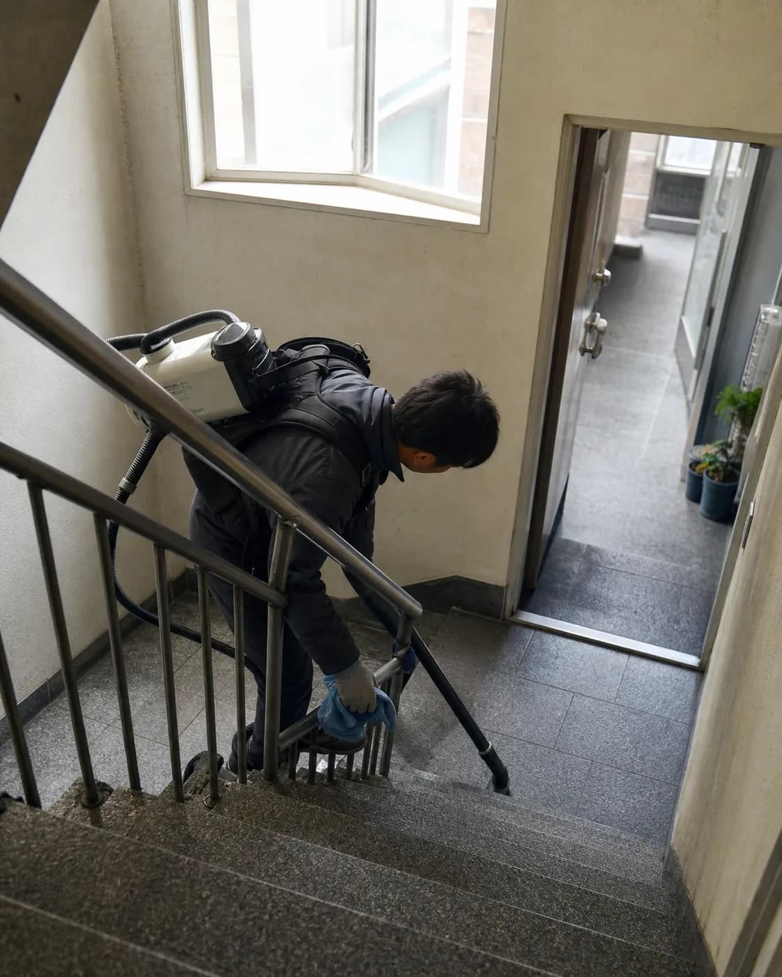 빌라 공용 계단을 청소하는 시티클린 작업자